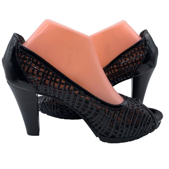 Aquatalia Heels Peep Toe Pumps Laser Cut Out Black Patent Leather Women’s Sz 9. - Picture 8 of 12